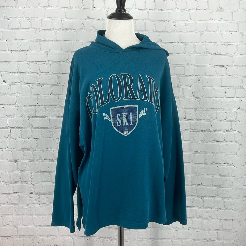Oversized vintage Colorado Ski turquoise warm long sleeve hoodie pullover XL - Picture 3 of 7